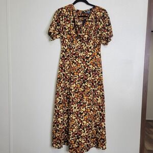 3 / $30 Abbott Elementary Floral‎ Midi Dress Cowl Neck Short Sleeve XS Brown